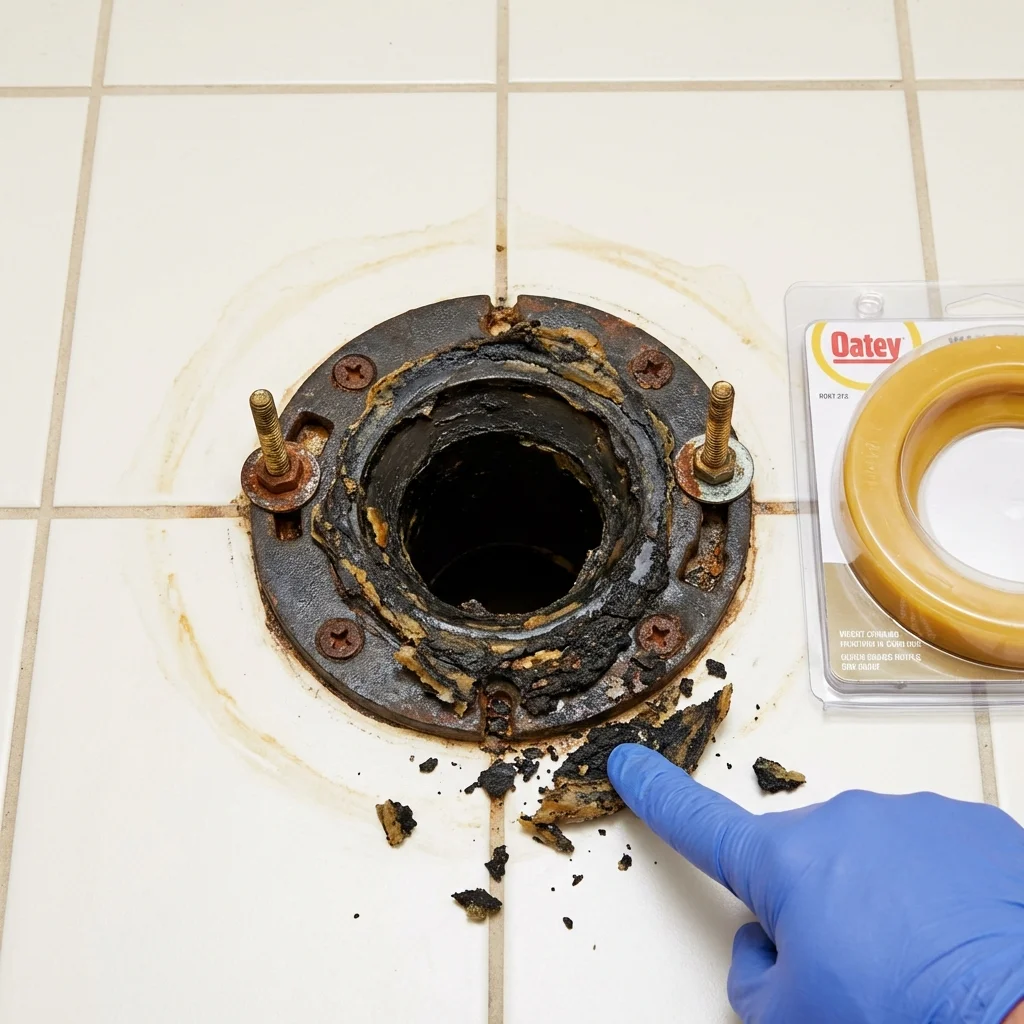 Failed wax ring showing water seepage at the base of a toilet in a Richmond, IL home