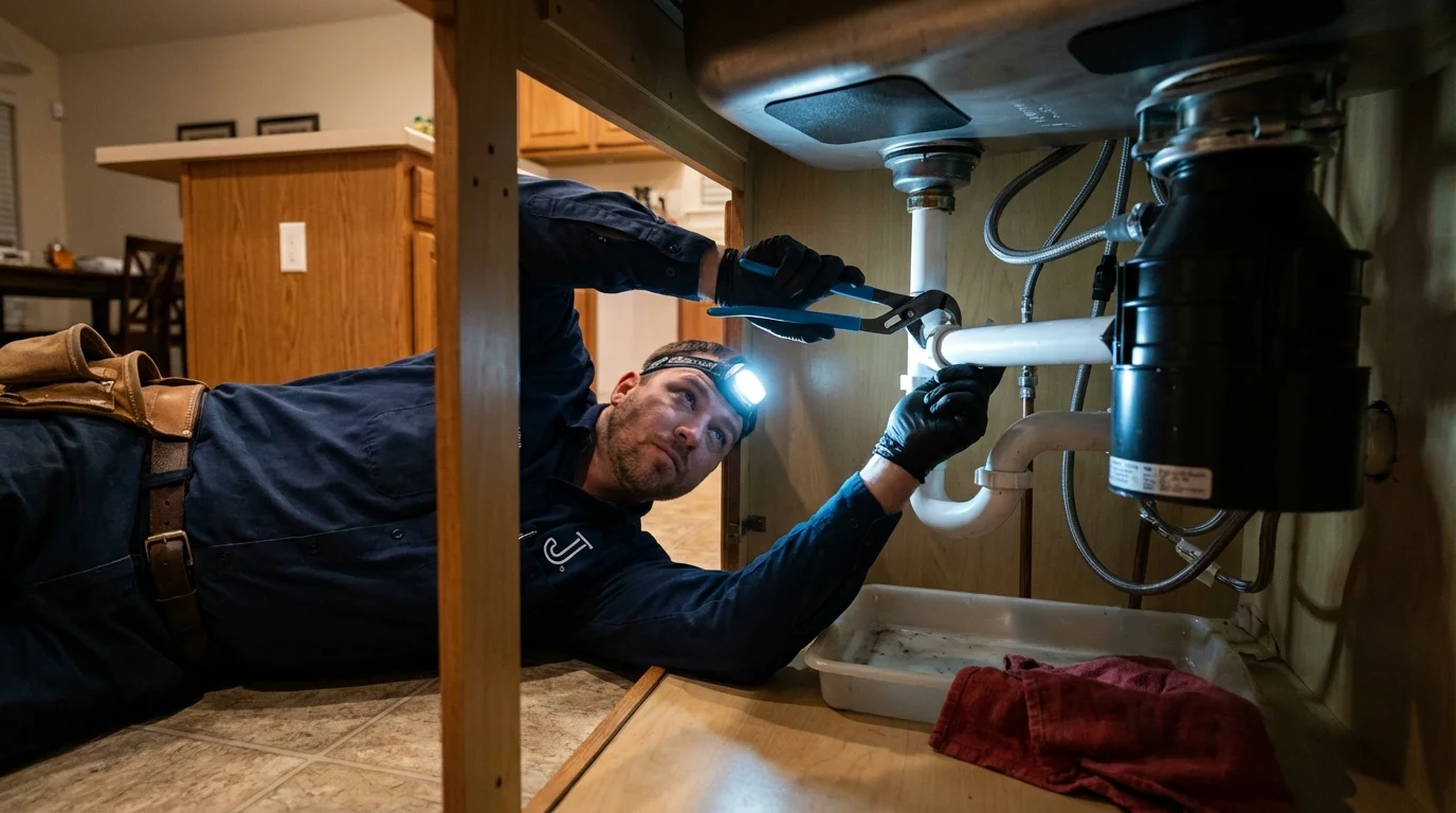 P-trap and supply line connections under a kitchen sink showing a common leak point in Richmond, IL